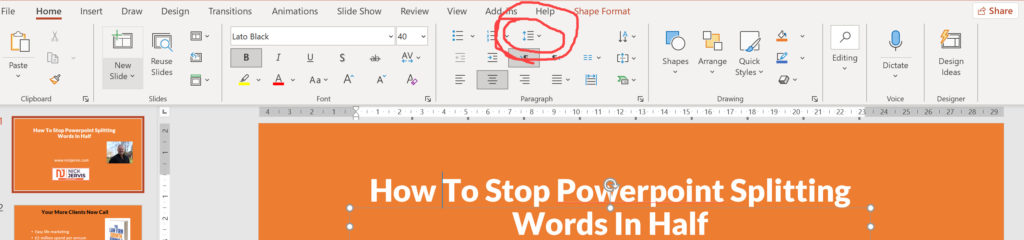how to stop powerpoint splitting words in half